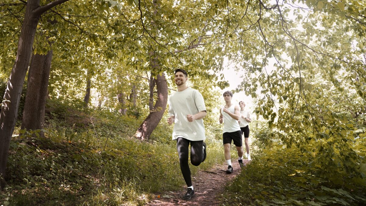 full shot people running together