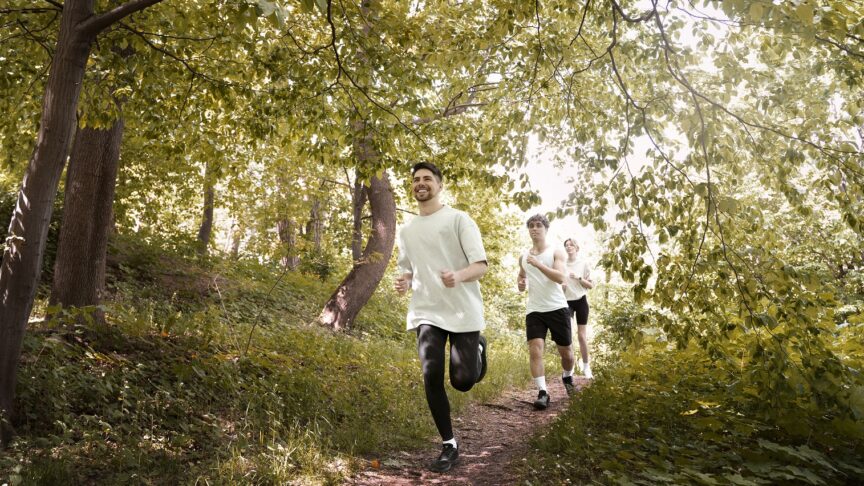 full shot people running together
