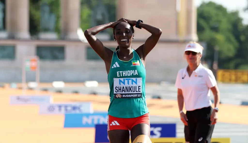 Amane Beriso Shankule wins the womens marathon world title at the world track and field championships