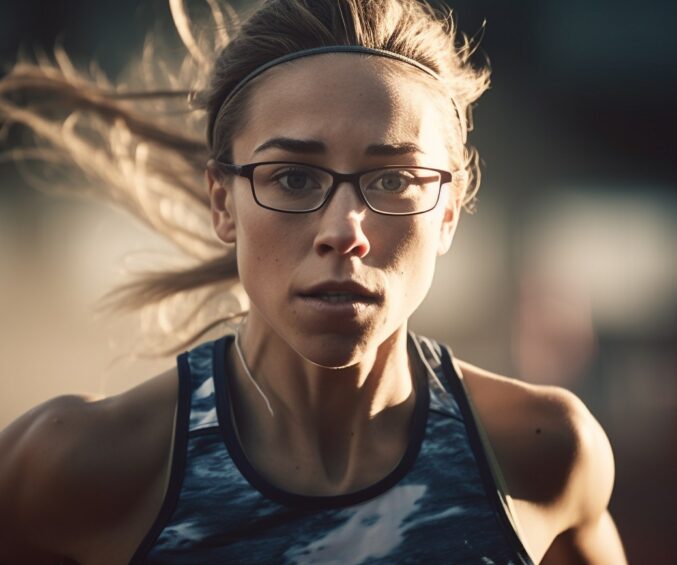 biegnaca kobieta w okularach i koszulce z napisem jestem dziewczyna