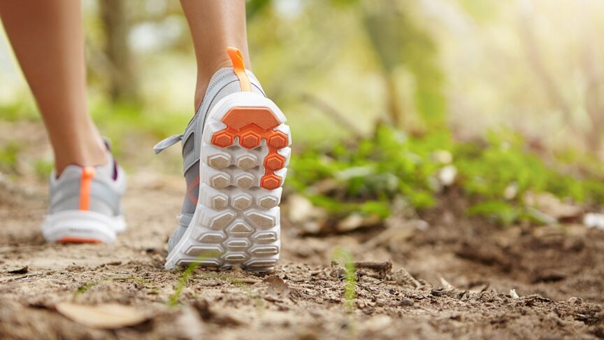 sports fitness nature healthy lifestyle concept young female runner wearing sneakers running shoes while hiking jogging park sunny day