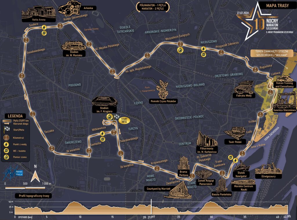 Mapa statyczna 10. Nocnego Maraton Szczecinski 2024 on l ine 1 2