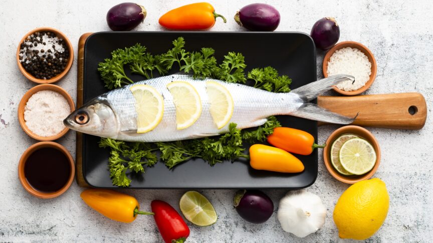 top view arrangement with fish vegetables