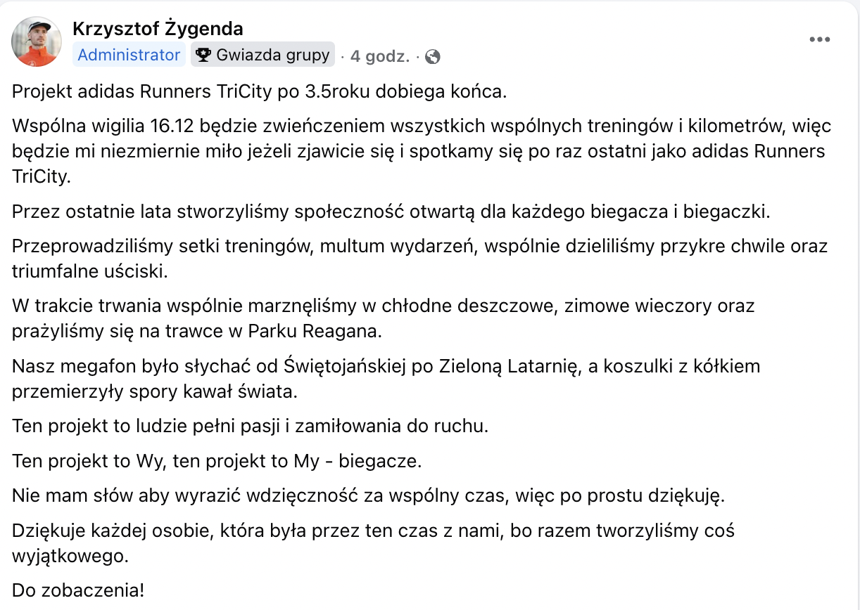 Adidas Runners Tricity i Poznań znikają z mapy