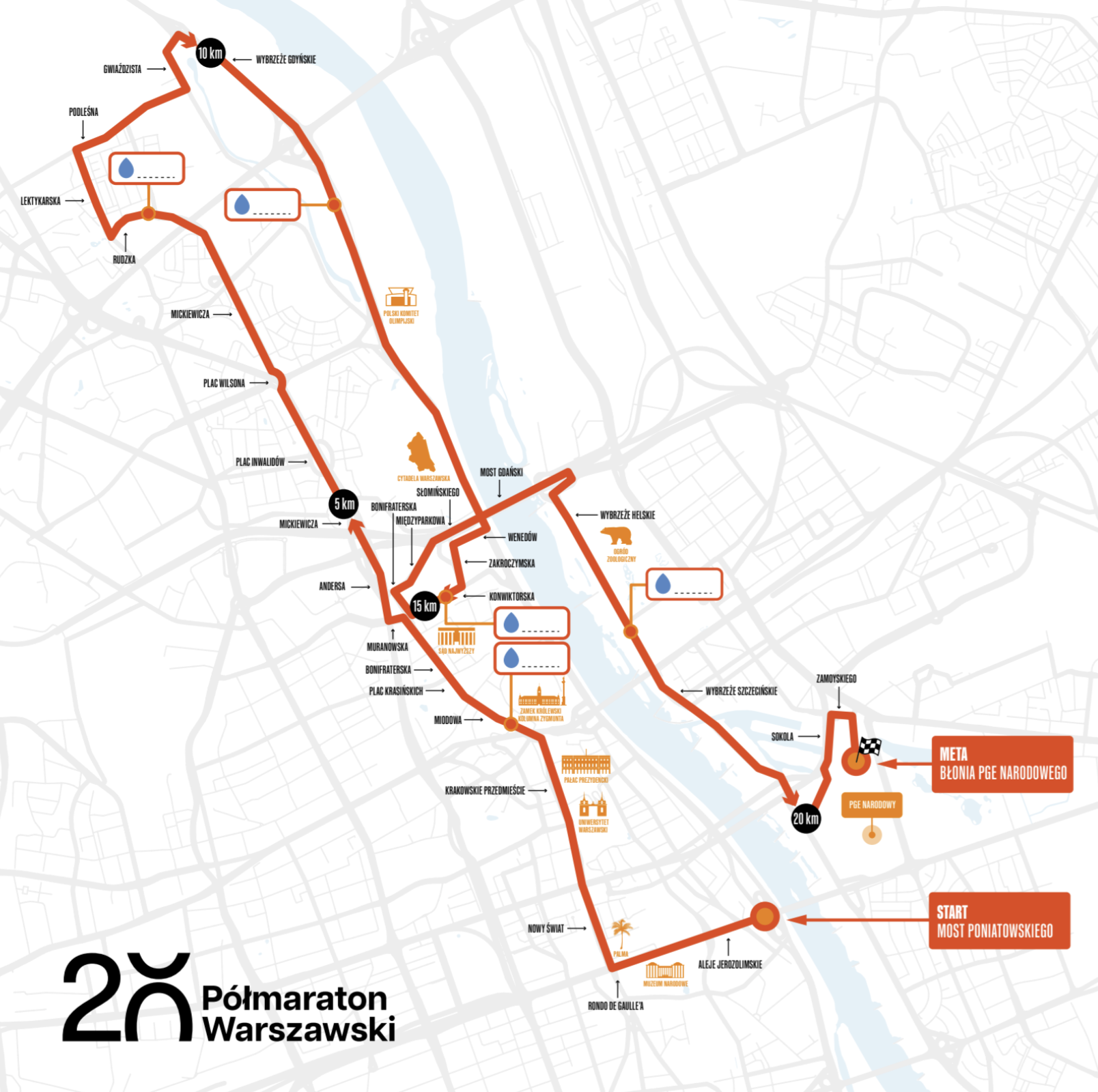 Trasa i strefy startowe na 20. Półmaraton Warszawski i New Balance Bieg Na Piątkę